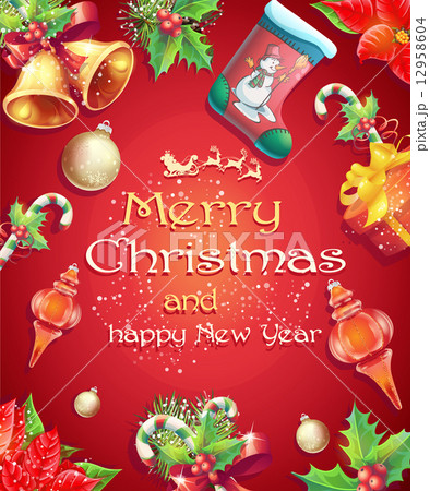 Greeting card with Christmas and New Year with the image of Christmas items 12958604