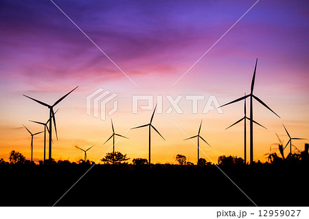 Wind turbine power generator at twilight 12959027