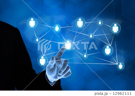 business hand pushing people global connection button 12962111