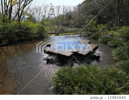 高松市 四国民家博物館「四国村」染が滝上の池（向うの屋根は旧中石家住宅の隠居屋） 12963040