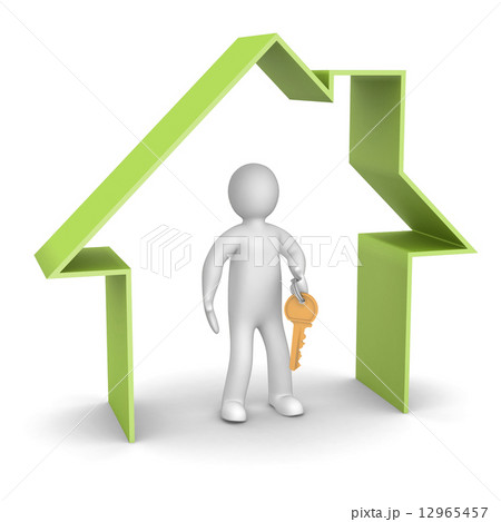 Presentation of new house. 3d man holds the key, and is within the red icon house Presentation of new house. 3d man holds the key, and is within the red icon house 12965457