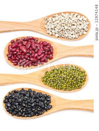 Job's tears, Kidney beans, Mung beans and Black beans with wooden spoon isolated on white.  12974148