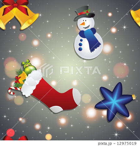 New year pattern with snowman, sock for gifts, bell and Christmas tree toy 12975019