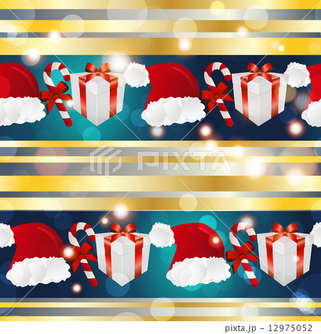 New year pattern with Santa hat, gift and striped candy New year pattern with Santa hat, gift and striped candy 12975052