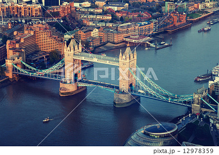 London aerial view with Tower Bridge in sunset time London aerial view with Tower Bridge in sunset time 12978359