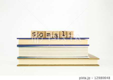somali language word on wood stamps and books 12980648