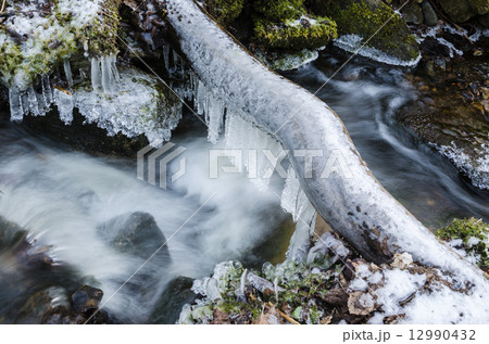 Frozen icicles on water flow Frozen icicles on water flow 12990432