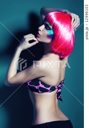 woman with pink wig in bra woman with pink wig in bra 12996103