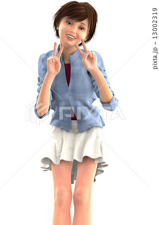 ピースサインする笑顔の女性 合成用背景透過リアル３dcgイラスト素材のイラスト素材