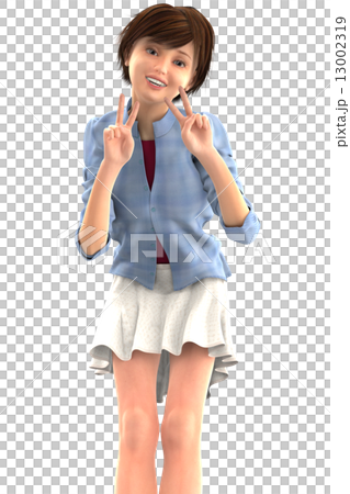 ピースサインする笑顔の女性　合成用背景透過リアル３DCGイラスト素材 13002319