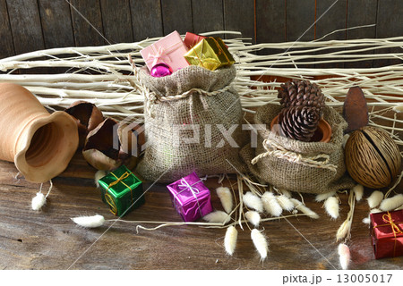Christmas and New Year decoration on wooden background 13005017