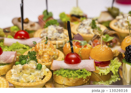 Canapes of cheese vegetables meat and seafood on white background Canapes of cheese vegetables meat and seafood on white background 13026016
