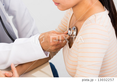 Doctor examining a concerned patient using stethoscope Doctor examining a concerned patient using stethoscope 13032257