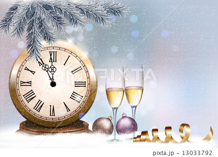 Holiday retro background with champagne glasses and clock. Happy 13033792