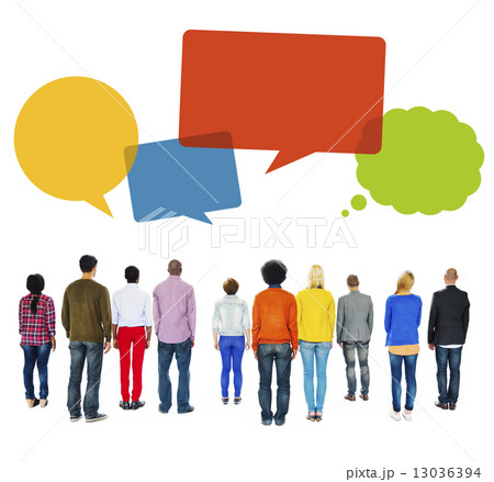 Multiethnic Group of People Turn Back with Speech Bubbles Multiethnic Group of People Turn Back with Speech Bubbles 13036394