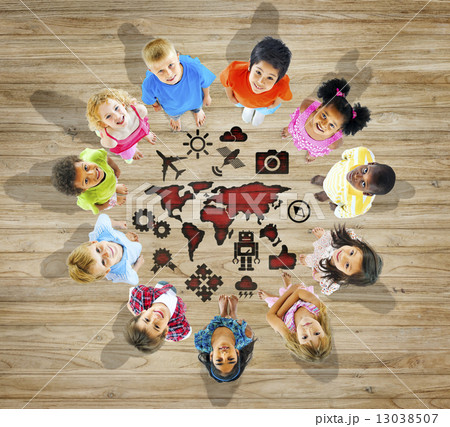 Multiethnic Group of Children with World Map Multiethnic Group of Children with World Map 13038507