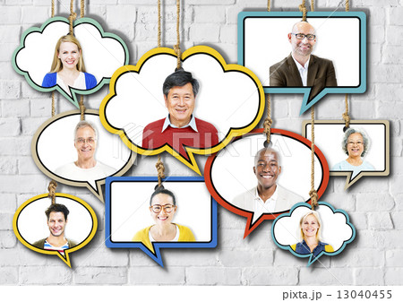 Set of Faces on Hanging Colorful Speech Bubbles Set of Faces on Hanging Colorful Speech Bubbles 13040455