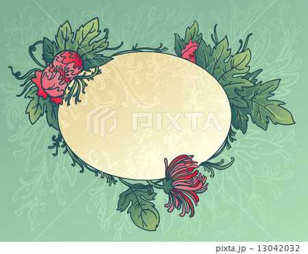 Oval blue background with flowers and leaves of chrysanthemum 13042032