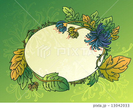 Oval green background with flowers and leaves of chrysanthemum Oval green background with flowers and leaves of chrysanthemum 13042033