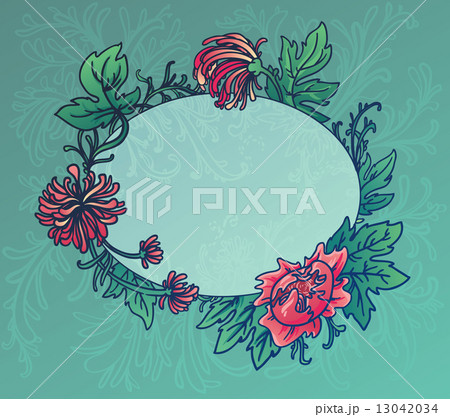 Oval blue background with flowers and leaves of chrysanthemum 13042034