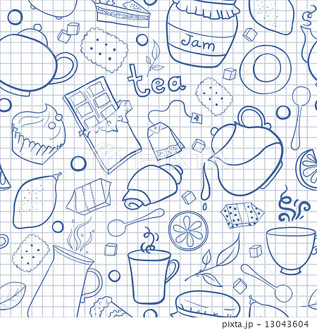 Tea and sweets vector seamless pattern on exercise book background 13043604