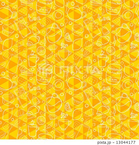 Tea and sweets vector seamless pattern on geometric background 13044177