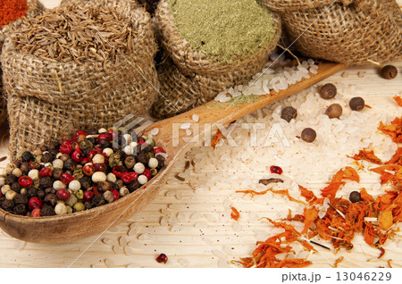 Powder spices on spoon and in pouches on a wooden table background Powder spices on spoon and in pouches on a wooden table background 13046229