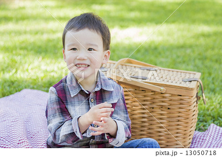 Young Mixed Race Boy Sitting in Park Near Picnic Basket 13050718