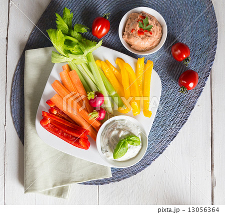 Vegetable sticks with herb and tomato dip Vegetable sticks with herb and tomato dip 13056364