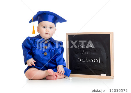 funny baby in academician clothes at chalkboard 13056572