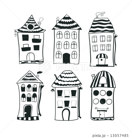Set sketch black and white outline houses in cartoon style Set sketch black and white outline houses in cartoon style 13057485