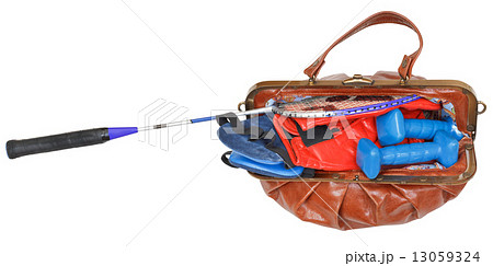 female little handbag with sport items isolated 13059324