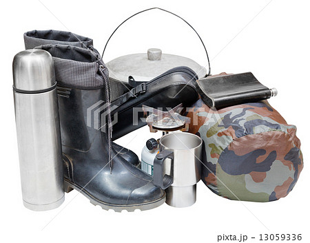 camping belongings isolated on white background 13059336