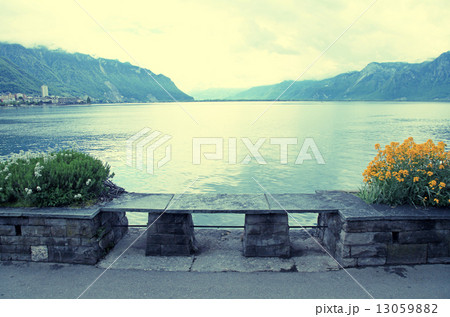 Stone bench at lake Geneva in Montreux (Switzerland) 13059882