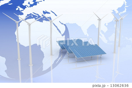 Windmill and Solar Panels on world map background. Alternative Energy Concept. 13062636