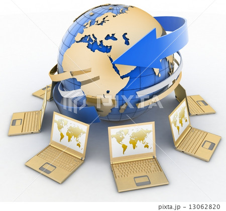 Gold laptops around the globe on a white background Gold laptops around the globe on a white background 13062820