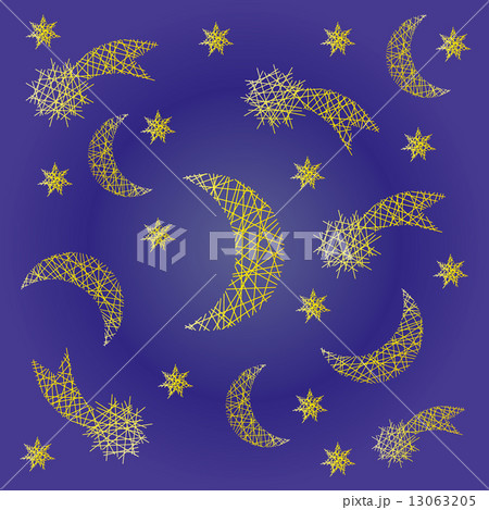 vector blue night festive pattern background with irregular yellow sketchy comet, moon and star  13063205