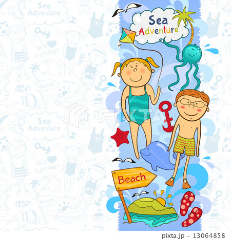 Cute children's border with beach elements Cute children's border with beach elements 13064858