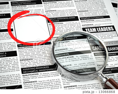 Job search concept. Loupe, newspaper with employment advertiseme 13066868