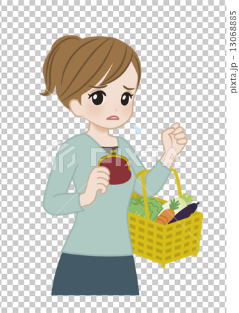 主婦 買い物中(困り顔で財布を持つ) 主婦 買い物中(困り顔で財布を持つ) 13068885