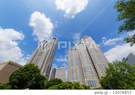 青空が広がる東京都庁舎と周囲の景観 13076852