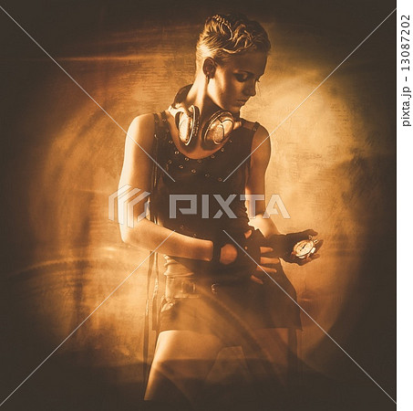 Steampunk girl looking at stopwatch against abstract background Steampunk girl looking at stopwatch against abstract background 13087202