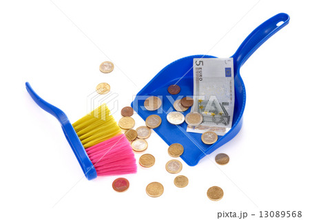 Brush sweeping euro coins and banknote isolated 13089568