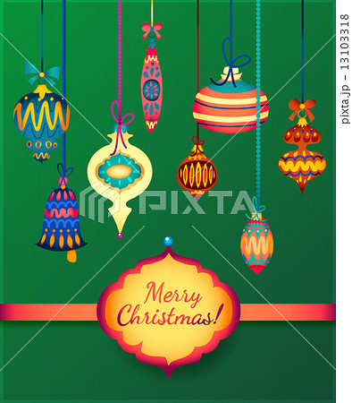 Merry Christmas Glass Balls on Green Background. Ribbon and label for text 13103318
