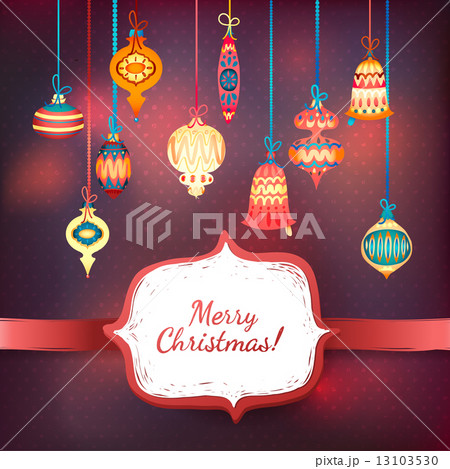 Merry Christmas Glass Balls on Pink Purple Background. Ribbon and label for text Merry Christmas Glass Balls on Pink Purple Background. Ribbon and label for text 13103530