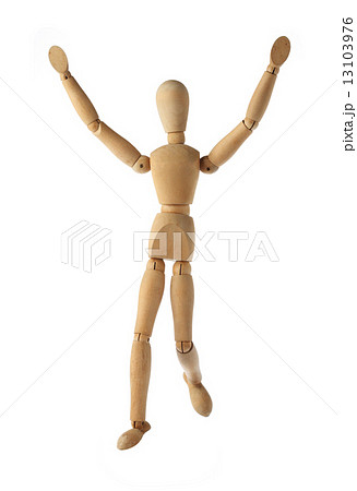 mannequin old wooden dummy wining and finish acting isolated on white 13103976