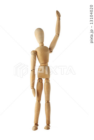 mannequin old wooden dummy wining and finish acting isolated on white 13104020