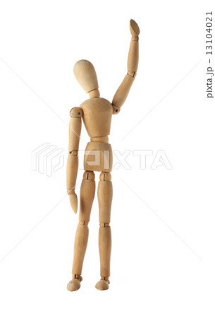 mannequin old wooden dummy wining and finish acting isolated on white 13104021