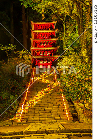 室生寺 紅葉 五重塔 ライトアップの写真素材
