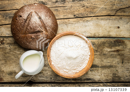 Bakery ingredients with loaf of bread Bakery ingredients with loaf of bread 13107339